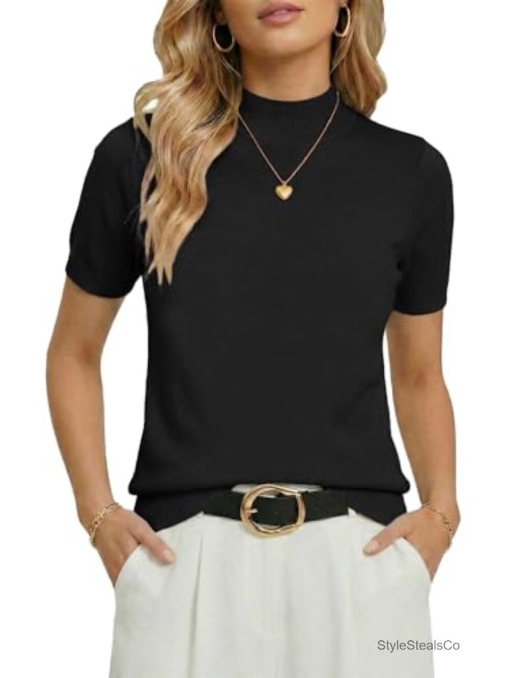 Womens Short Sleeve Mock Neck Knit Sweater Business Casual Pullover Top